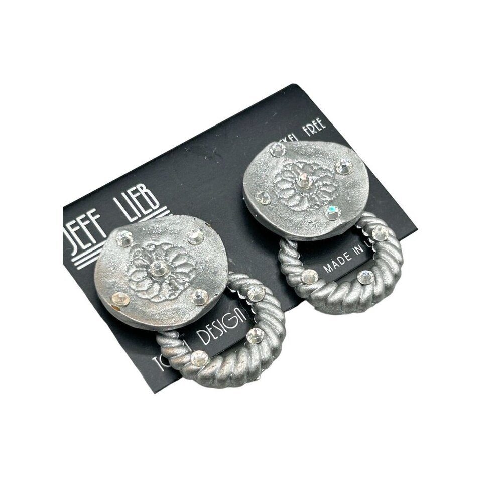 Jeff Lieb Silver Clip On Door Knocker Earrings with Rhinestone Removable Dangles